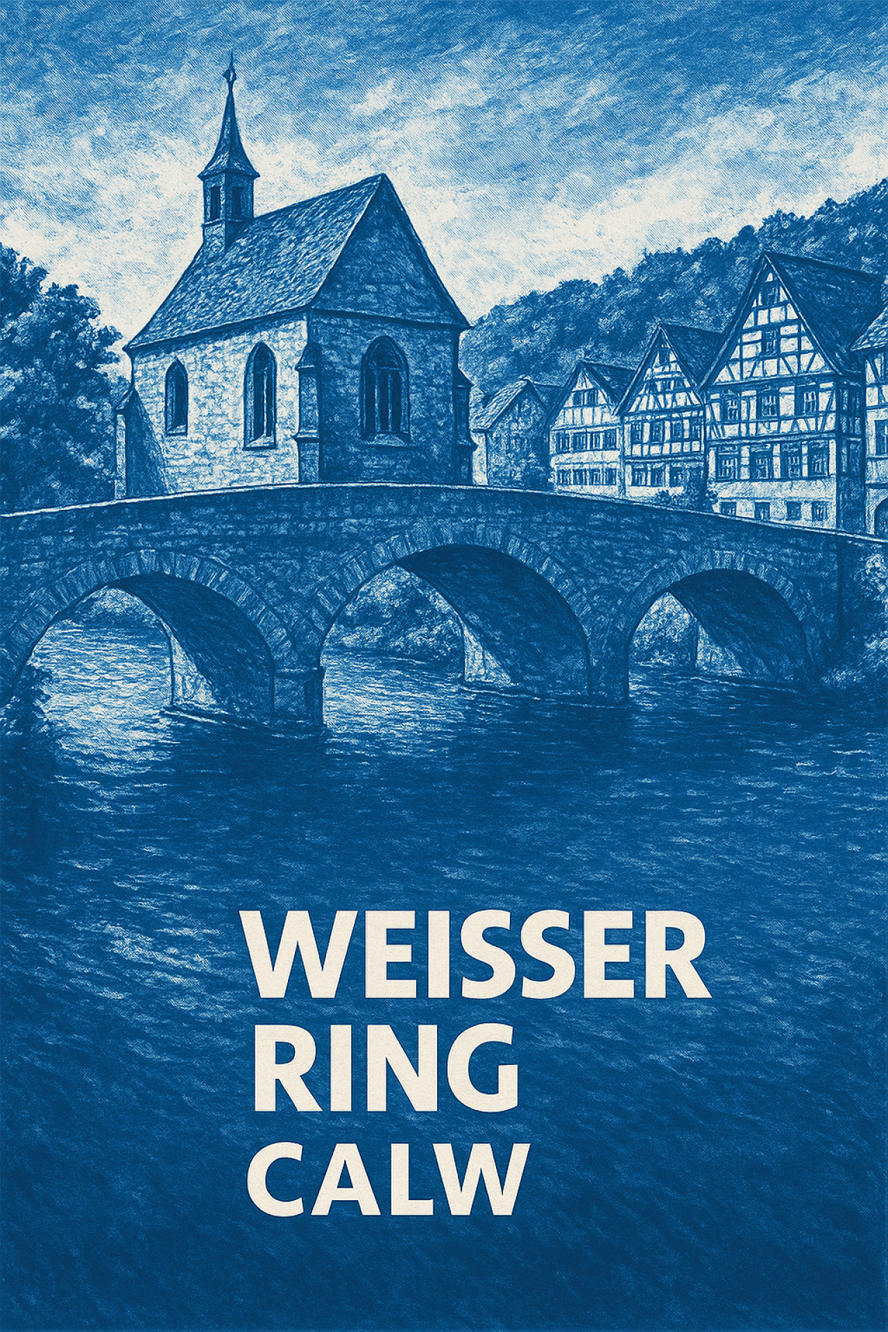  künstlerische Darstellung der Nikolausbrücke in Calw in den Farben Blau und Weiß